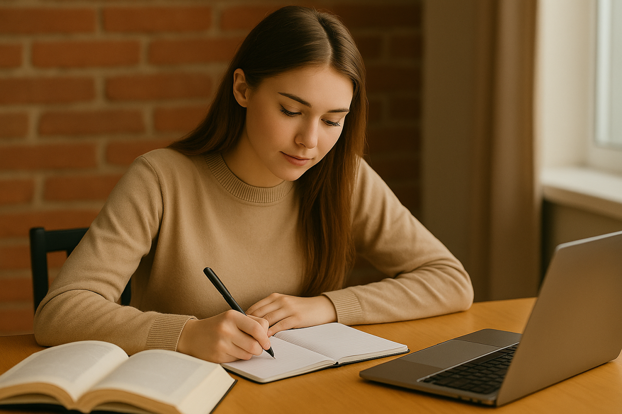 Student studying alone at a desk with a laptop and books, writing notes in a notebook.